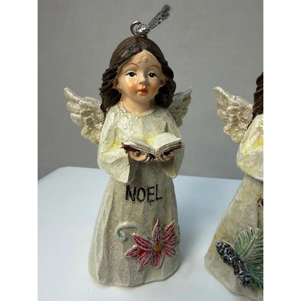 Set of 2 Christmas Angel Flower Ornaments Noel Joy Resin Figures Cream 4 Inch